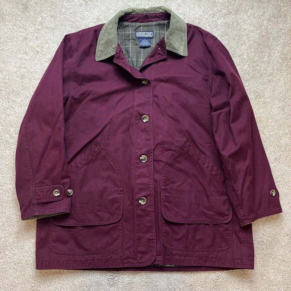 Lands End Chore Barn Jacket Womens 1X Maroon Plaid Lining Work Corduroy Collar